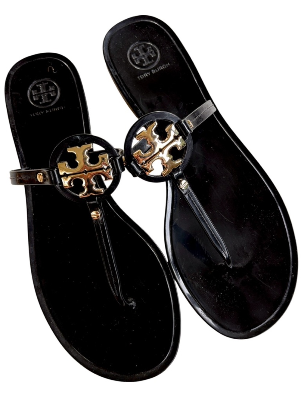 EUC Tory Burch Mini Miller Jelly Sandals Black Gold Size 10 Retail $125.00